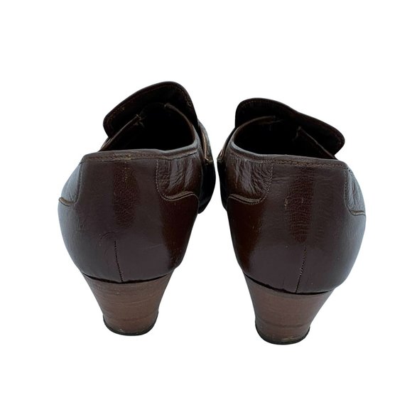 VINTAGE 60s-70s Brown Heeled Loafers with Wood Sole and Heel - Picture 3 of 10